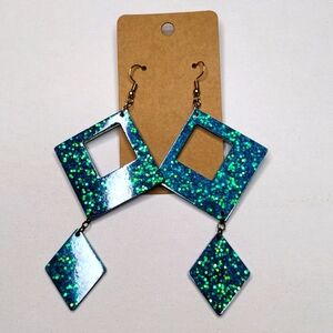 Turquoise blue sparkle square rectangle double dangle silver hook earrings